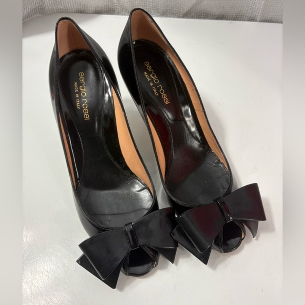 Genuine Leather Sergio Rossi Black Peep-Toe Heels with Bow, EUC, Euro size 36